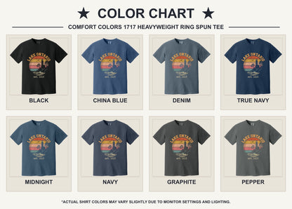 Lake Ontario est. 1615 retro lighthouse sunset graphic printed on a Comfort Colors heavyweight tee - available shirt colors chart
