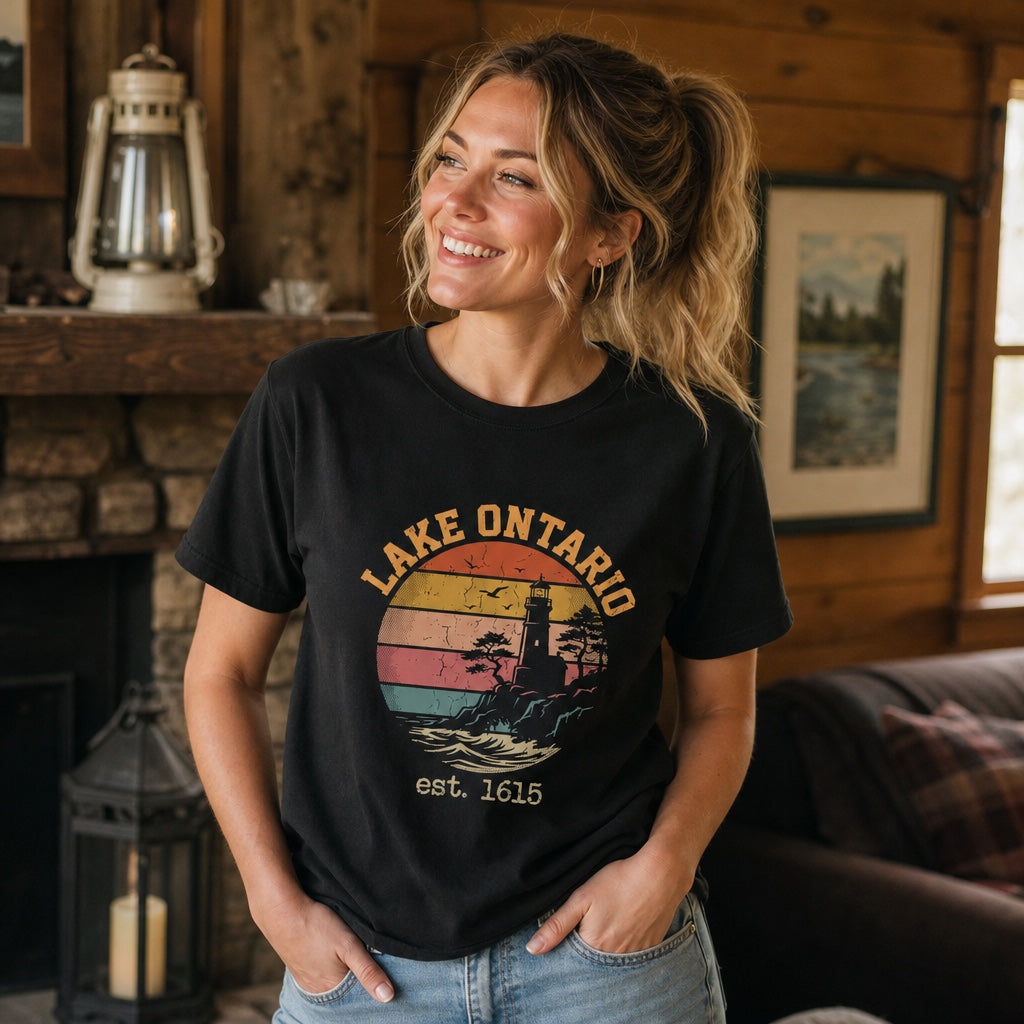 Lake Ontario est. 1615 retro lighthouse sunset graphic printed on a Comfort Colors heavyweight tee, worn by a model
