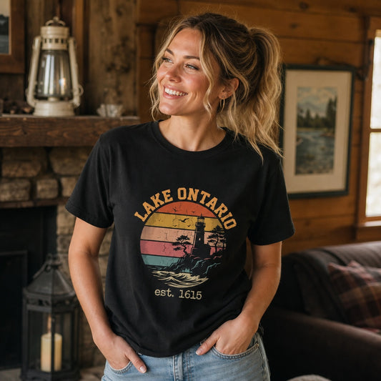 Lake Ontario est. 1615 retro lighthouse sunset graphic printed on a Comfort Colors heavyweight tee, worn by a model