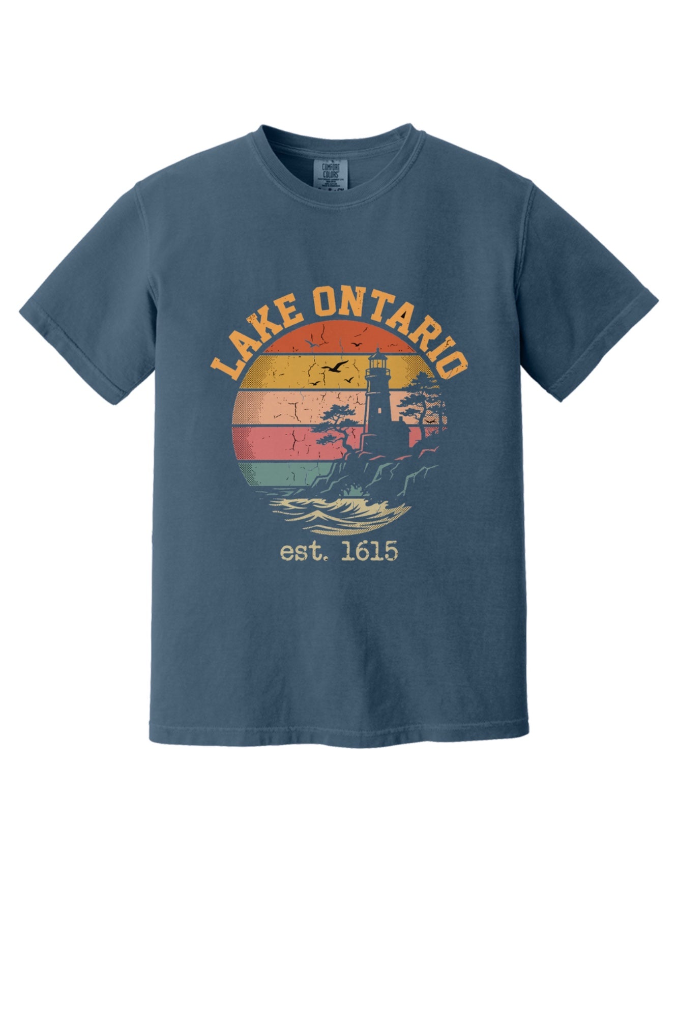 Lake Ontario est. 1615 retro lighthouse sunset graphic printed on a Comfort Colors heavyweight tee in Midnight