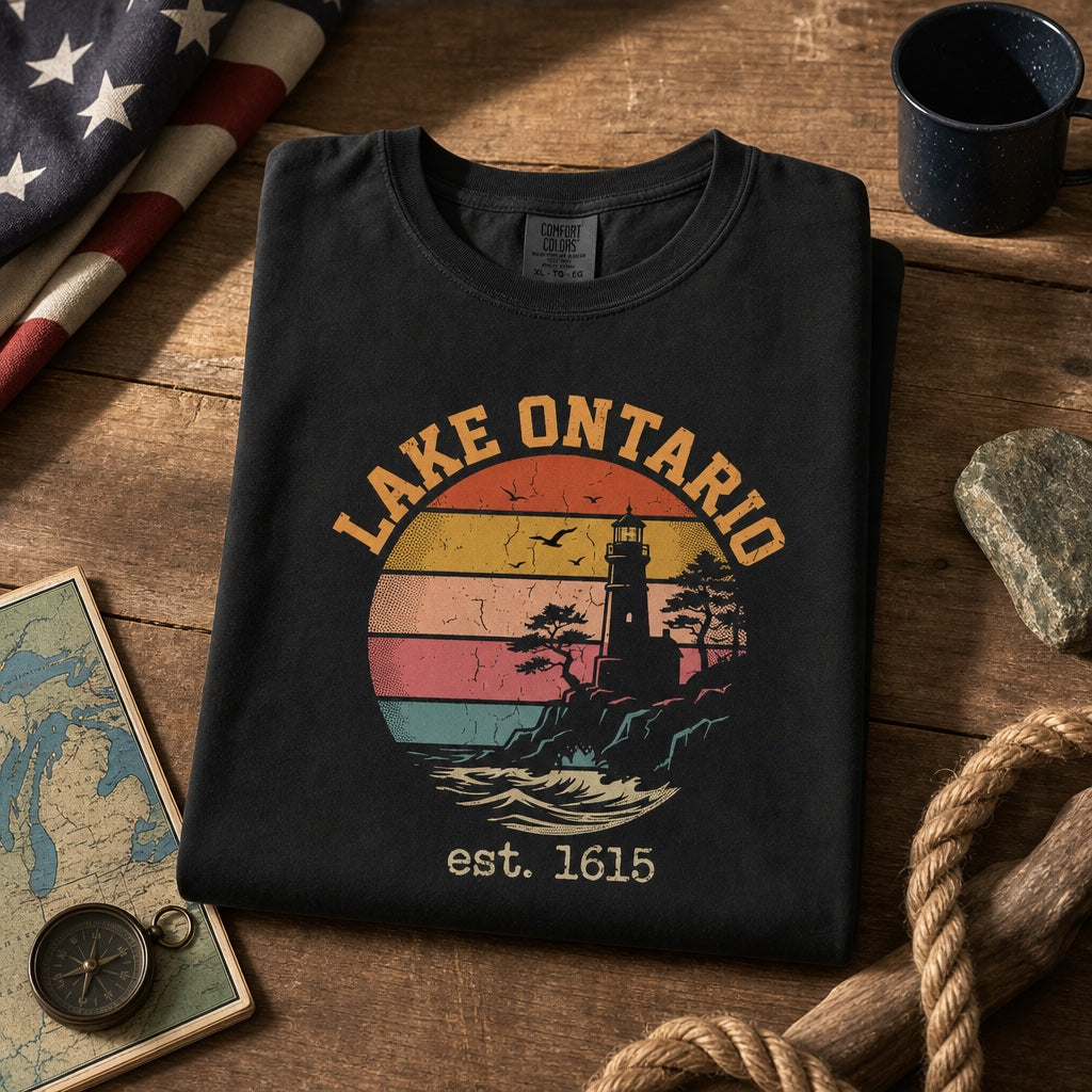 Lake Ontario est. 1615 retro lighthouse sunset graphic printed on a Comfort Colors heavyweight tee, styled flat lay, no model