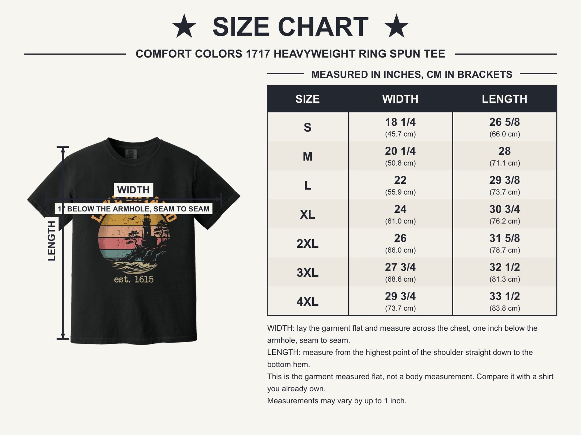 Lake Ontario est. 1615 retro lighthouse sunset graphic printed on a Comfort Colors heavyweight tee - size chart