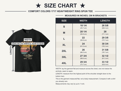 Lake Ontario est. 1615 retro lighthouse sunset graphic printed on a Comfort Colors heavyweight tee - size chart