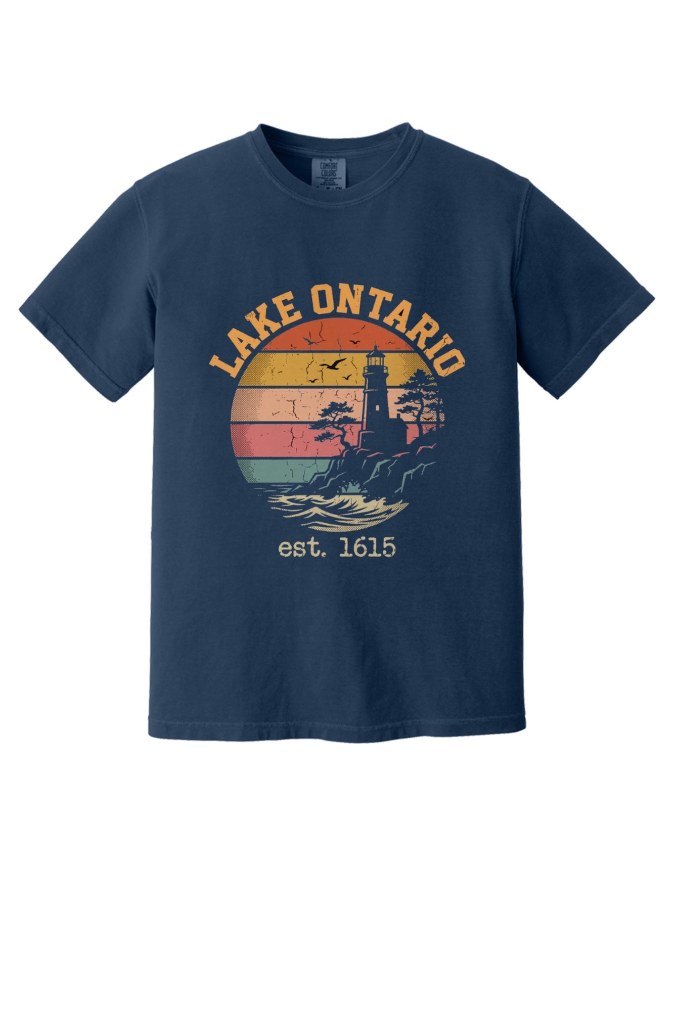 Lake Ontario est. 1615 retro lighthouse sunset graphic printed on a Comfort Colors heavyweight tee in True Navy