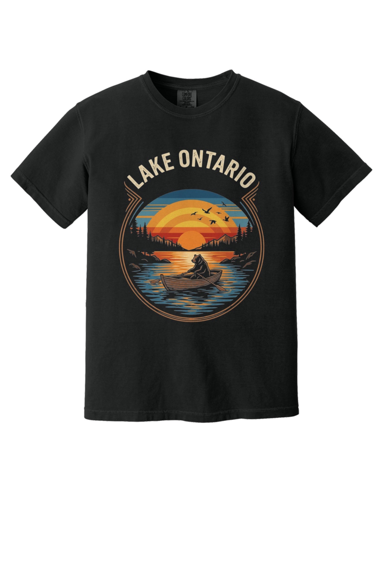 Lake Ontario vintage sunset bear rowing tee, DTF printed on garment-dyed heavyweight cotton shirt in Black
