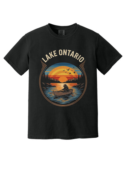 Lake Ontario vintage sunset bear rowing tee, DTF printed on garment-dyed heavyweight cotton shirt in Black