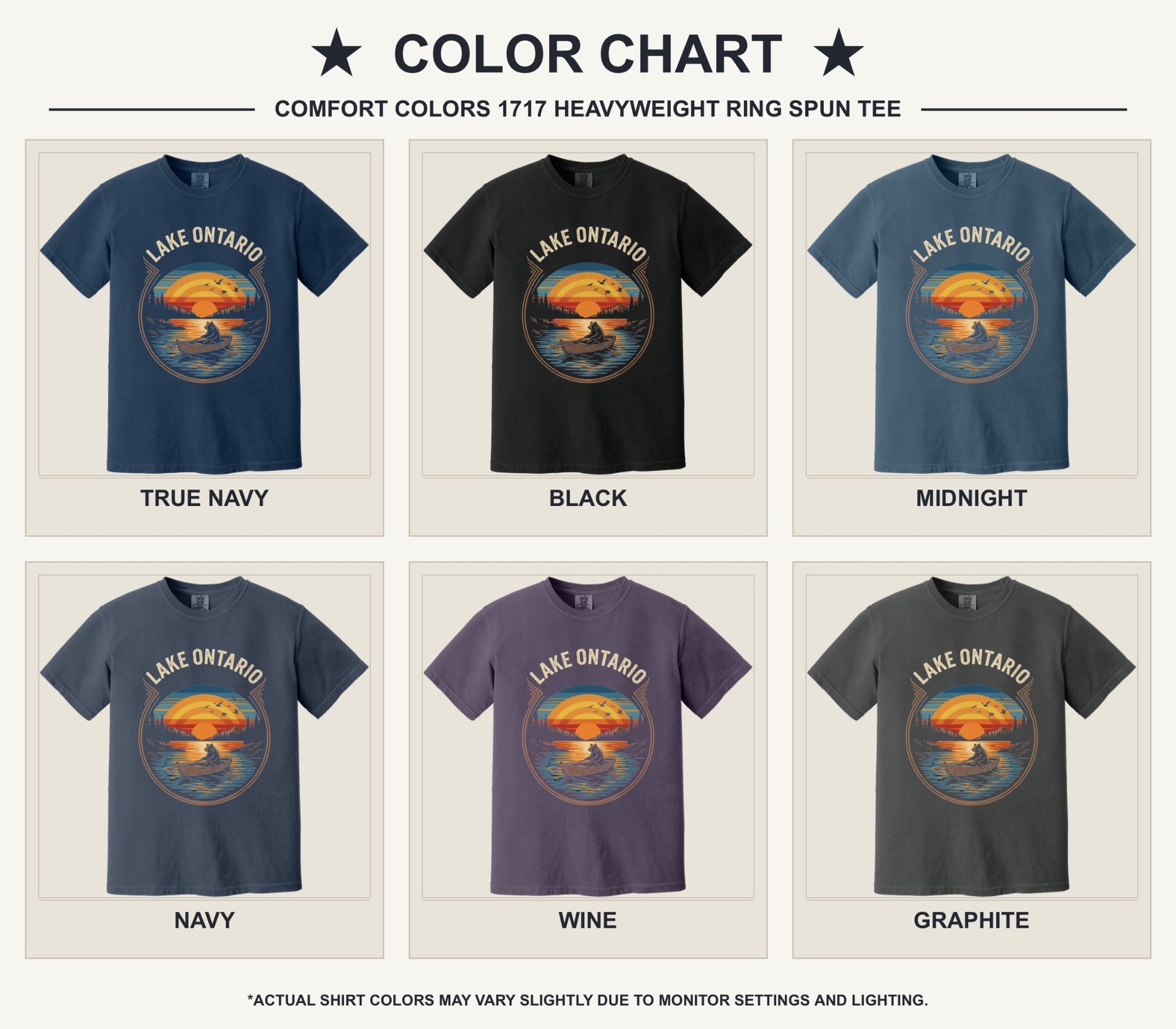 Lake Ontario vintage sunset bear rowing tee, DTF printed on garment-dyed heavyweight cotton shirt - available shirt colors chart