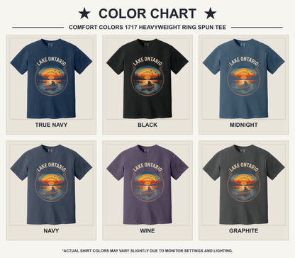 Lake Ontario vintage sunset bear rowing tee, DTF printed on garment-dyed heavyweight cotton shirt - available shirt colors chart