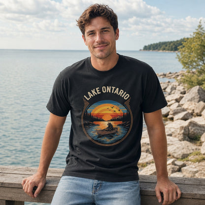 Lake Ontario vintage sunset bear rowing tee, DTF printed on garment-dyed heavyweight cotton shirt, worn by a model