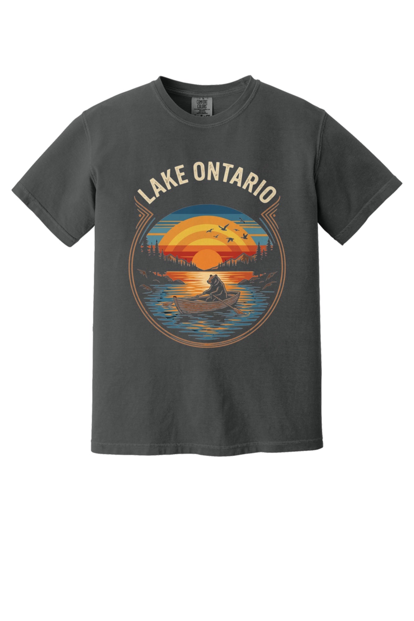 Lake Ontario vintage sunset bear rowing tee, DTF printed on garment-dyed heavyweight cotton shirt in Graphite