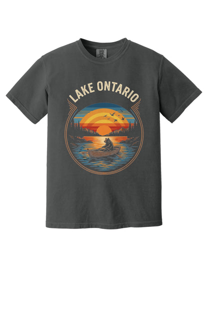 Lake Ontario vintage sunset bear rowing tee, DTF printed on garment-dyed heavyweight cotton shirt in Graphite