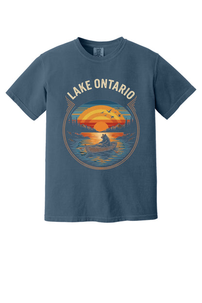 Lake Ontario vintage sunset bear rowing tee, DTF printed on garment-dyed heavyweight cotton shirt in Midnight