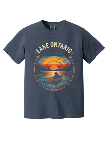 Lake Ontario vintage sunset bear rowing tee, DTF printed on garment-dyed heavyweight cotton shirt in Navy