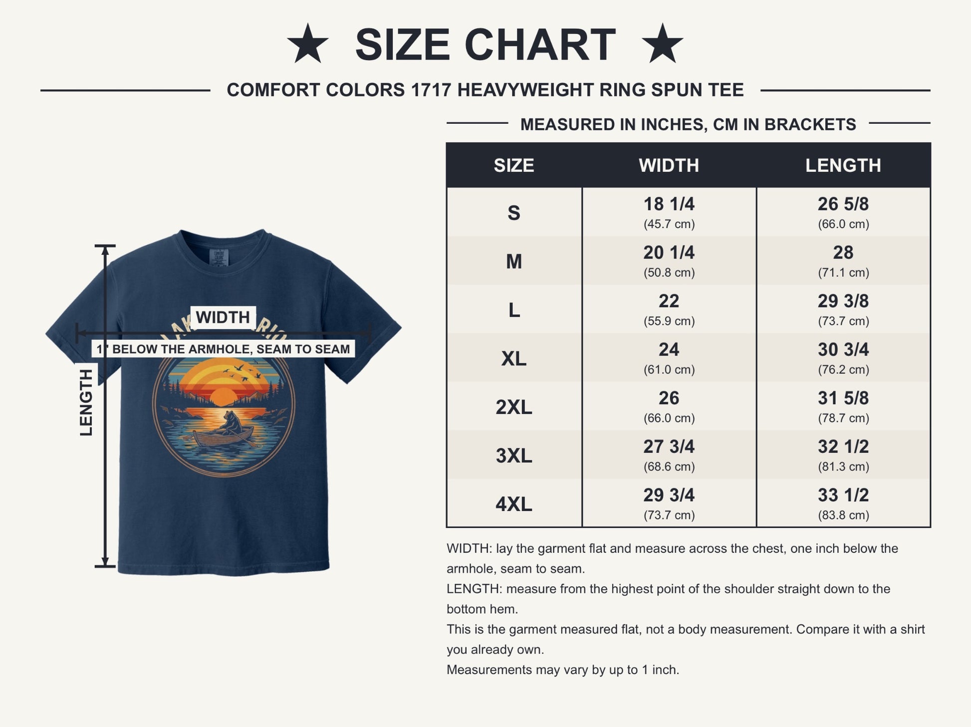 Lake Ontario vintage sunset bear rowing tee, DTF printed on garment-dyed heavyweight cotton shirt - size chart