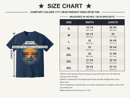 Lake Ontario vintage sunset bear rowing tee, DTF printed on garment-dyed heavyweight cotton shirt - size chart