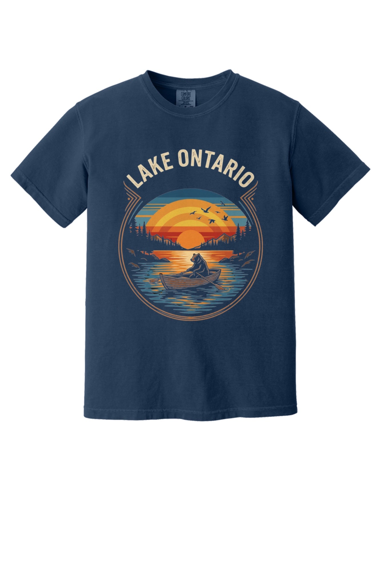 Lake Ontario vintage sunset bear rowing tee, DTF printed on garment-dyed heavyweight cotton shirt in True Navy