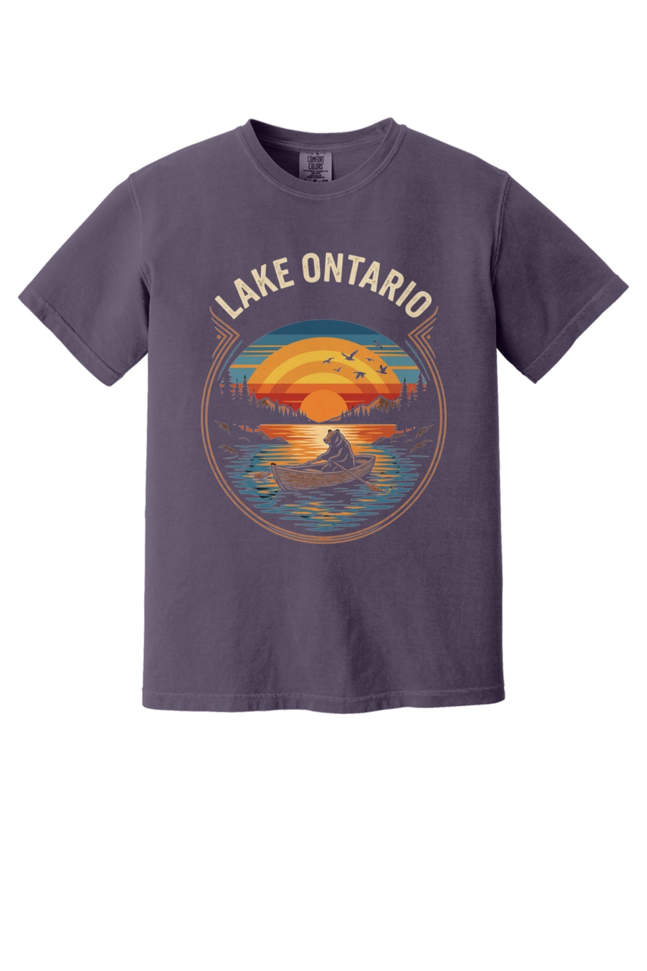 Lake Ontario vintage sunset bear rowing tee, DTF printed on garment-dyed heavyweight cotton shirt in Wine