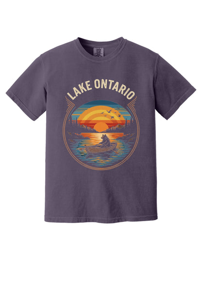 Lake Ontario vintage sunset bear rowing tee, DTF printed on garment-dyed heavyweight cotton shirt in Wine