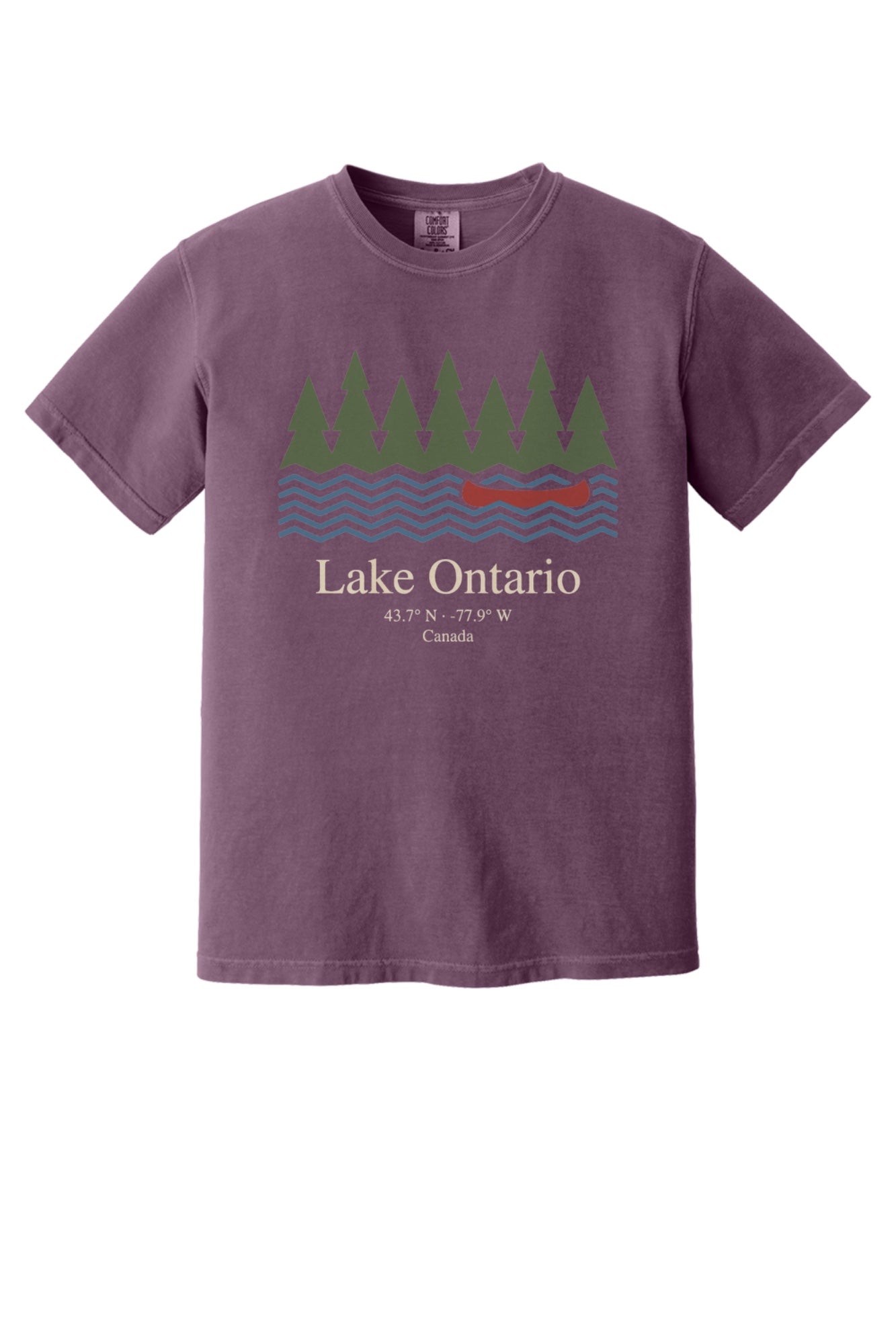 Lake Ontario Canada coordinates vintage canoe and pine trees printed on a Comfort Colors heavyweight tee in Berry