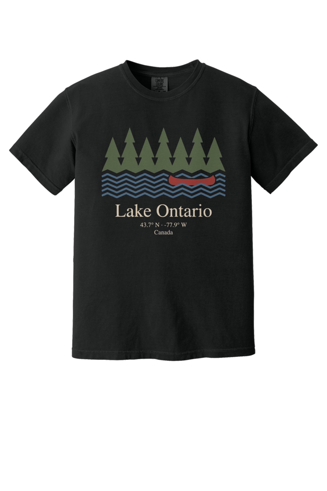 Lake Ontario Canada coordinates vintage canoe and pine trees printed on a Comfort Colors heavyweight tee in Black