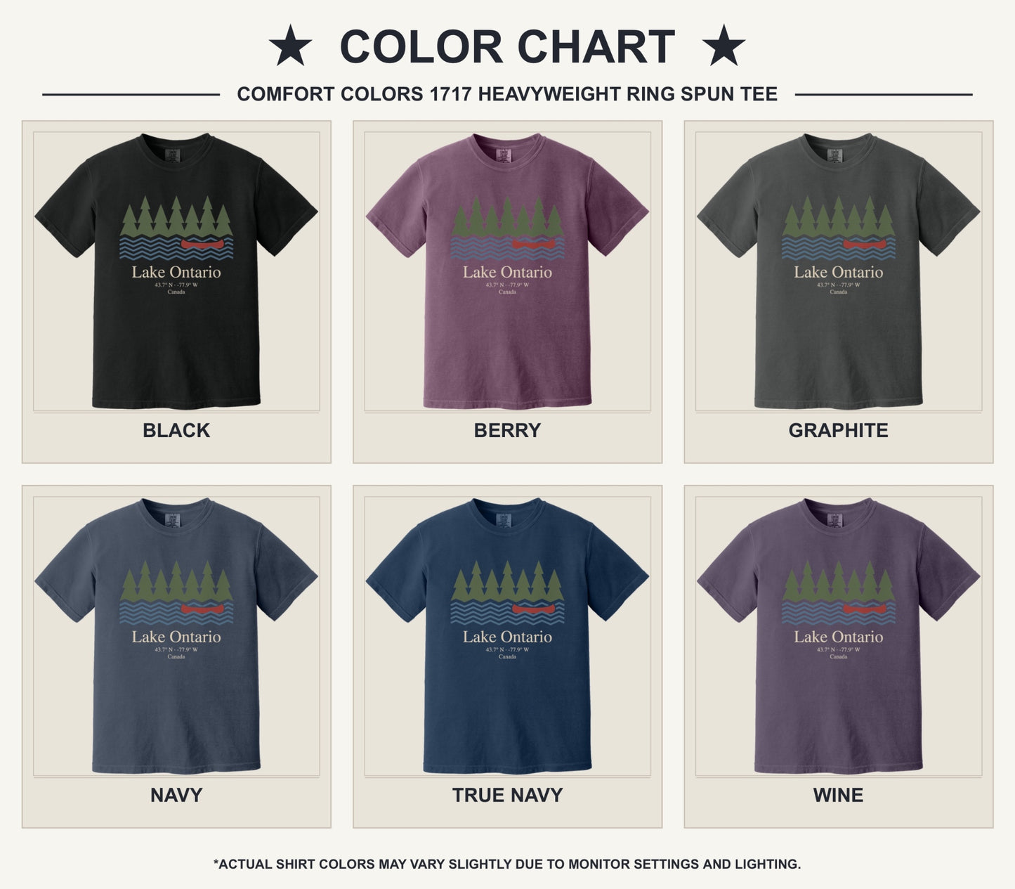 Lake Ontario Canada coordinates vintage canoe and pine trees printed on a Comfort Colors heavyweight tee - available shirt colors chart