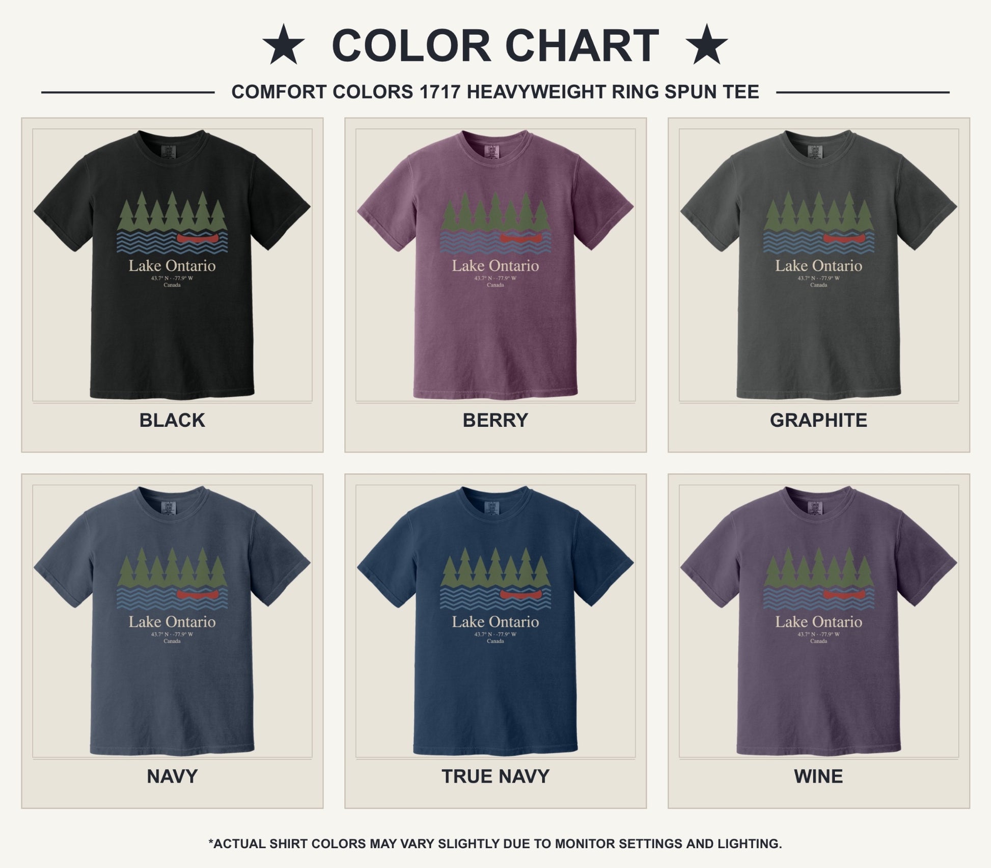 Lake Ontario Canada coordinates vintage canoe and pine trees printed on a Comfort Colors heavyweight tee - available shirt colors chart