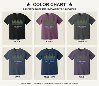 Lake Ontario Canada coordinates vintage canoe and pine trees printed on a Comfort Colors heavyweight tee - available shirt colors chart