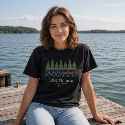 Lake Ontario Canada coordinates vintage canoe and pine trees printed on a Comfort Colors heavyweight tee, worn by a model
