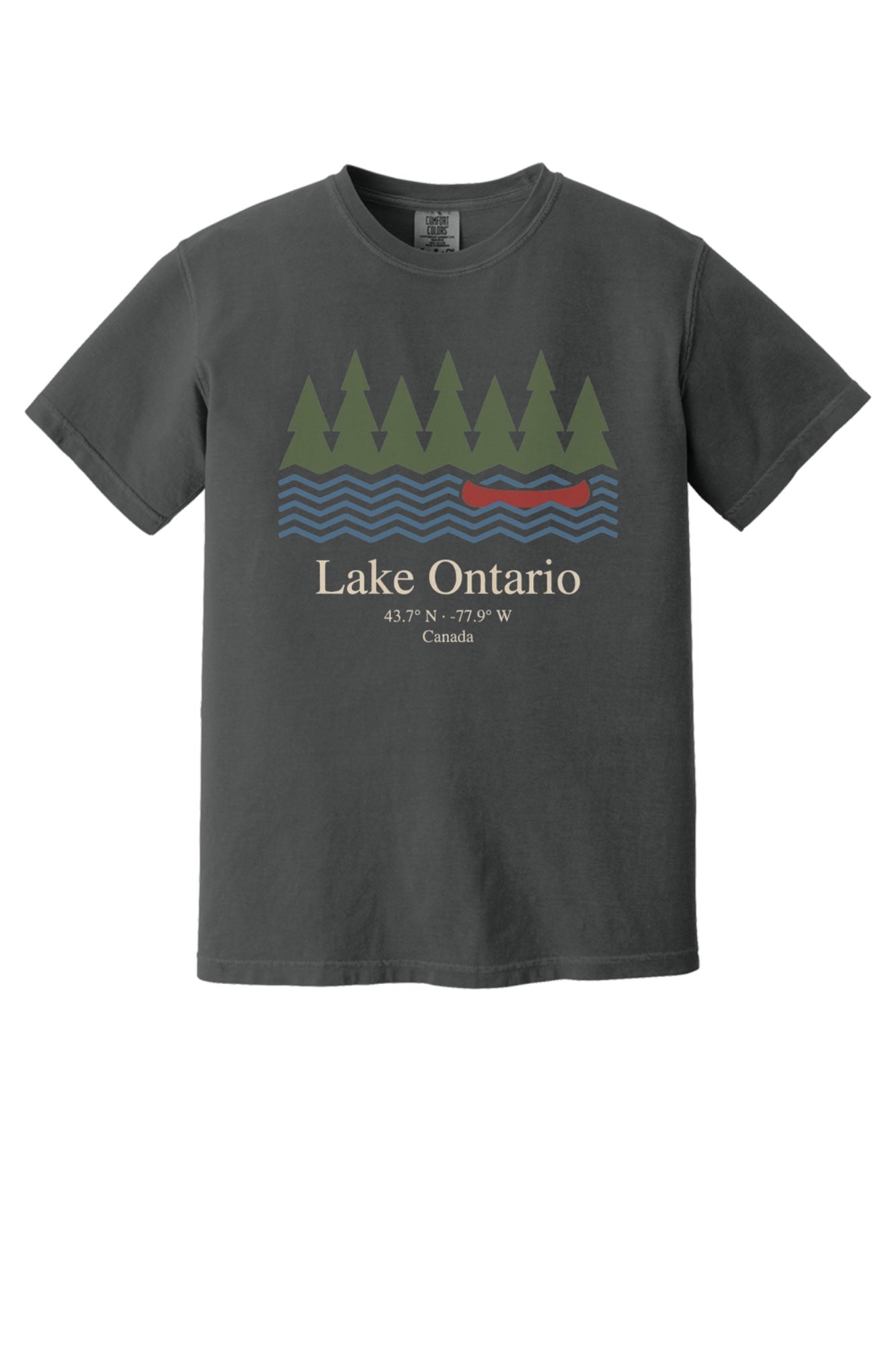 Lake Ontario Canada coordinates vintage canoe and pine trees printed on a Comfort Colors heavyweight tee in Graphite
