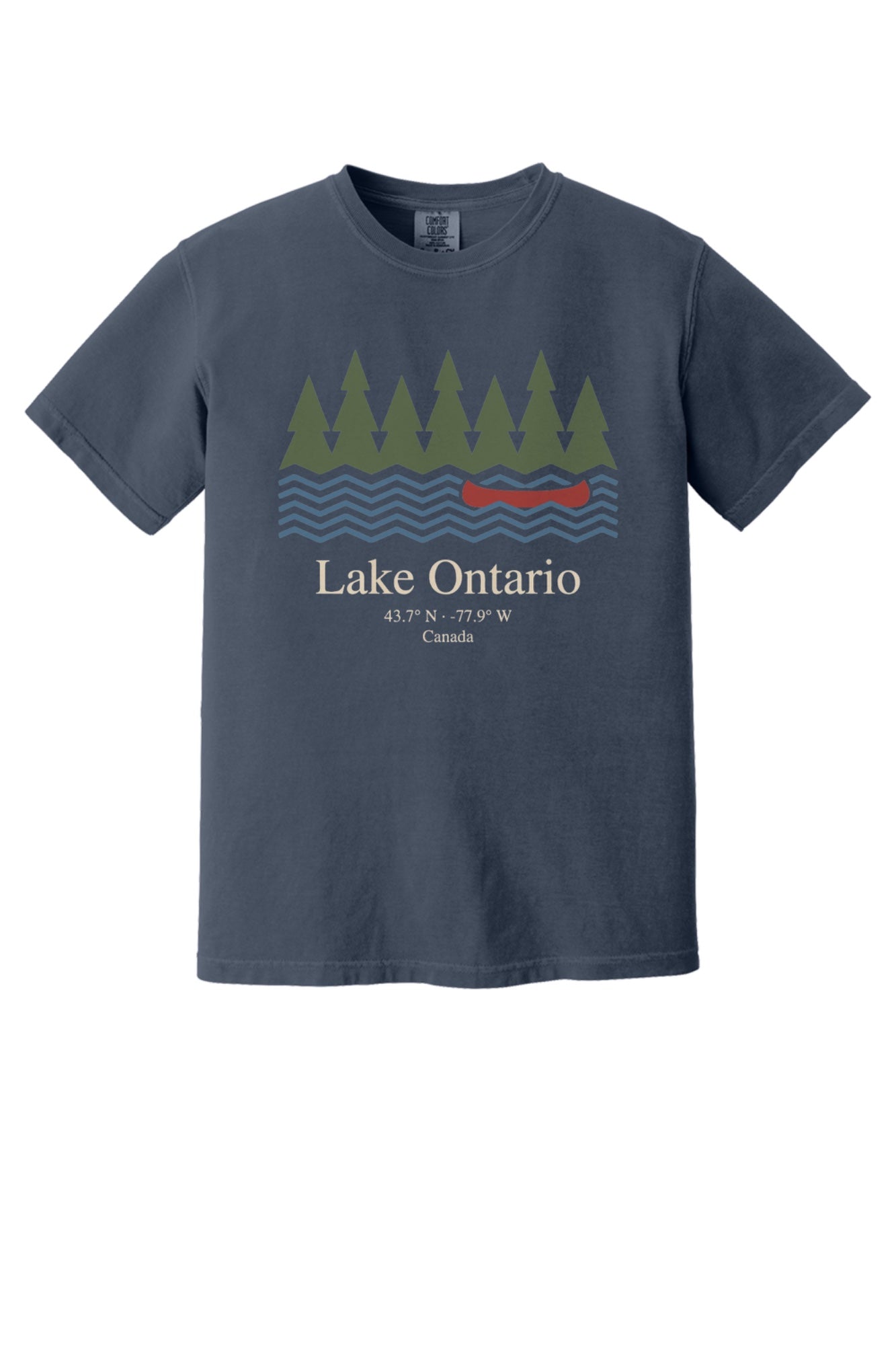 Lake Ontario Canada coordinates vintage canoe and pine trees printed on a Comfort Colors heavyweight tee in Navy