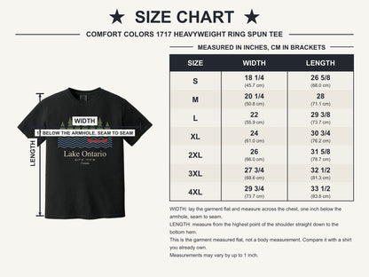 Lake Ontario Canada coordinates vintage canoe and pine trees printed on a Comfort Colors heavyweight tee - size chart