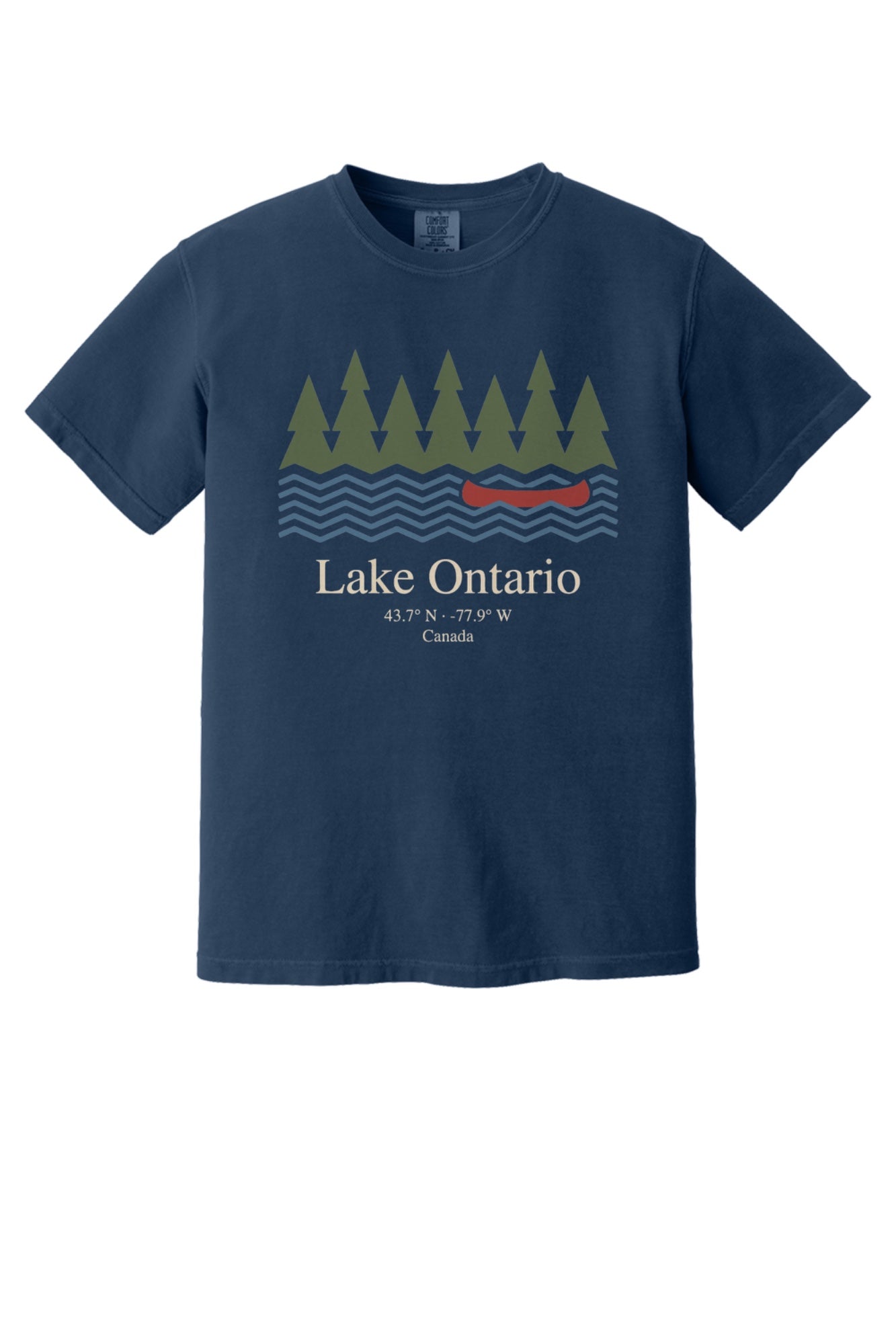 Lake Ontario Canada coordinates vintage canoe and pine trees printed on a Comfort Colors heavyweight tee in True Navy