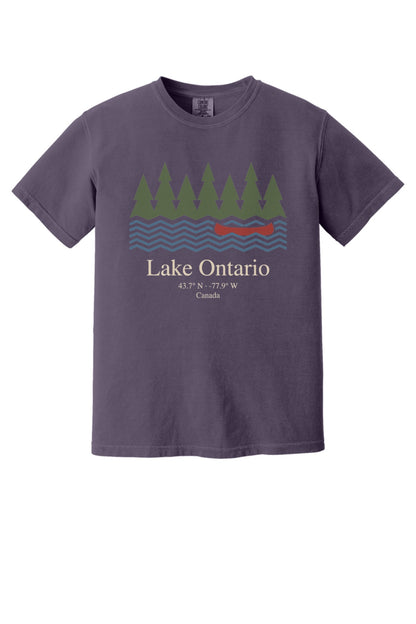 Lake Ontario Canada coordinates vintage canoe and pine trees printed on a Comfort Colors heavyweight tee in Wine