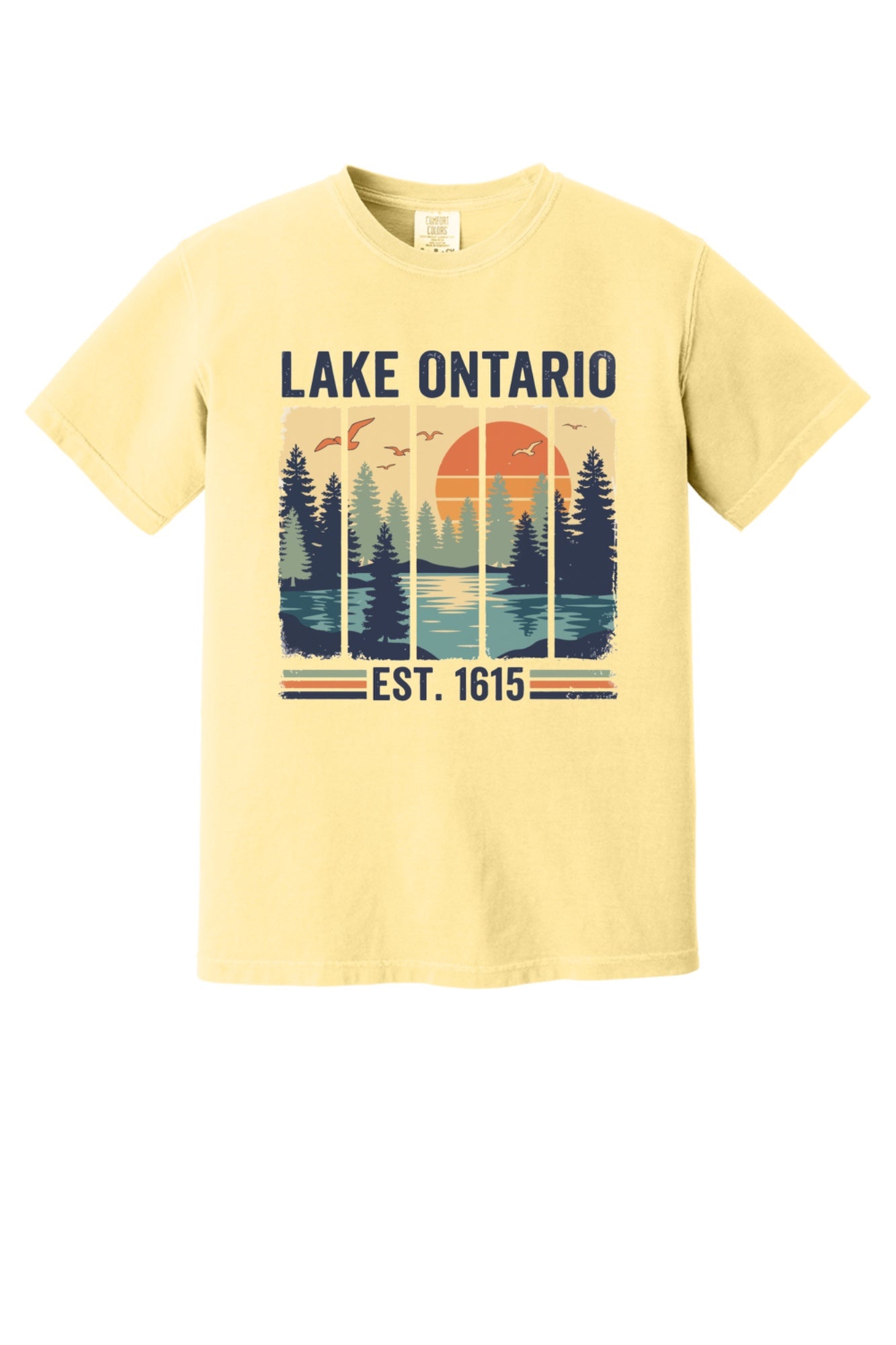 Lake Ontario Est. 1615 vintage pine forest sunset printed on a Comfort Colors heavyweight tee in Butter