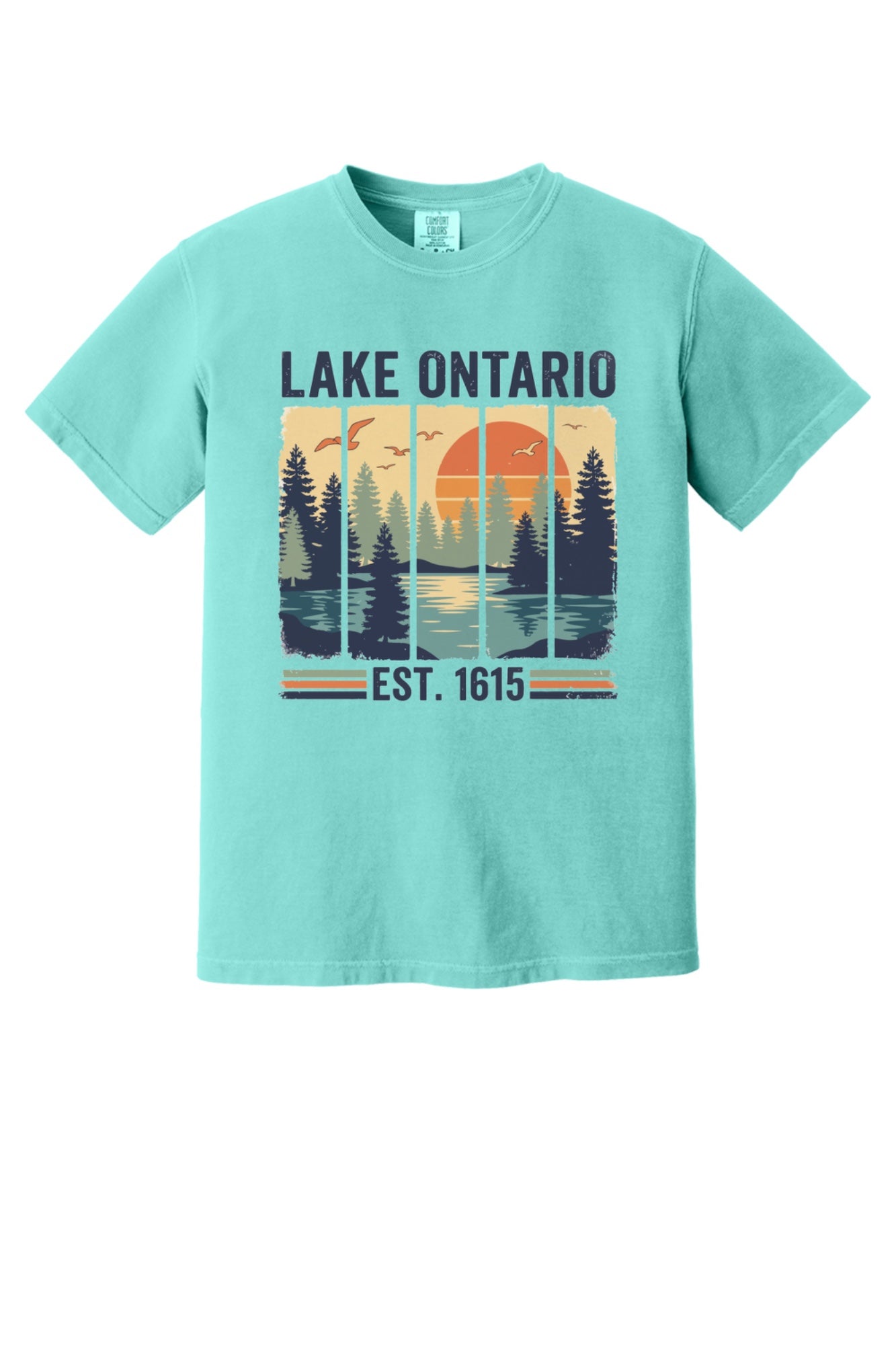 Lake Ontario Est. 1615 vintage pine forest sunset printed on a Comfort Colors heavyweight tee in Chalky Mint