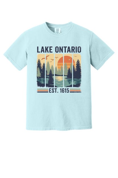 Lake Ontario Est. 1615 vintage pine forest sunset printed on a Comfort Colors heavyweight tee in Chambray