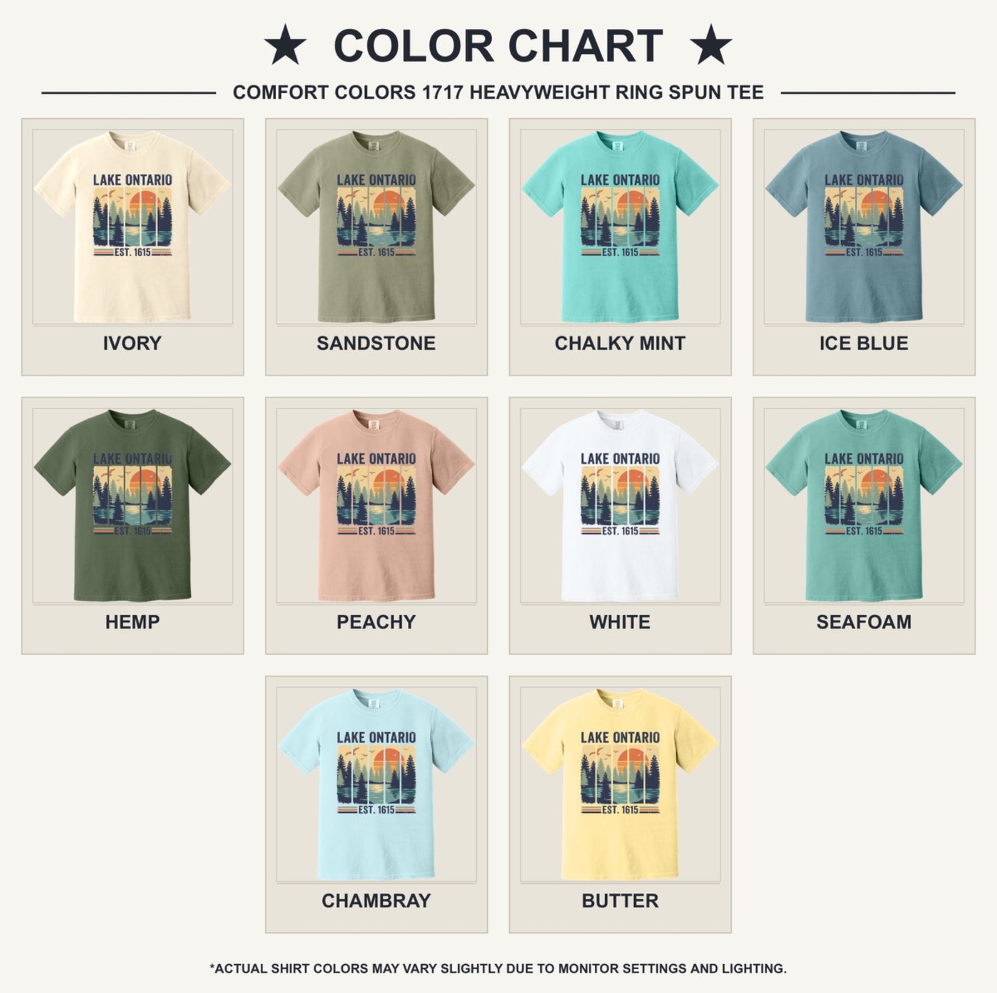Lake Ontario Est. 1615 vintage pine forest sunset printed on a Comfort Colors heavyweight tee - available shirt colors chart