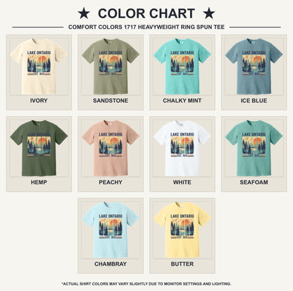 Lake Ontario Est. 1615 vintage pine forest sunset printed on a Comfort Colors heavyweight tee - available shirt colors chart