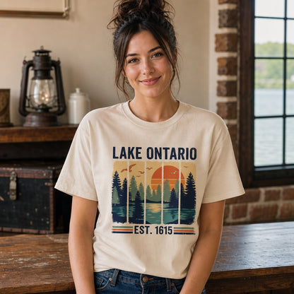 Lake Ontario Est. 1615 vintage pine forest sunset printed on a Comfort Colors heavyweight tee, worn by a model