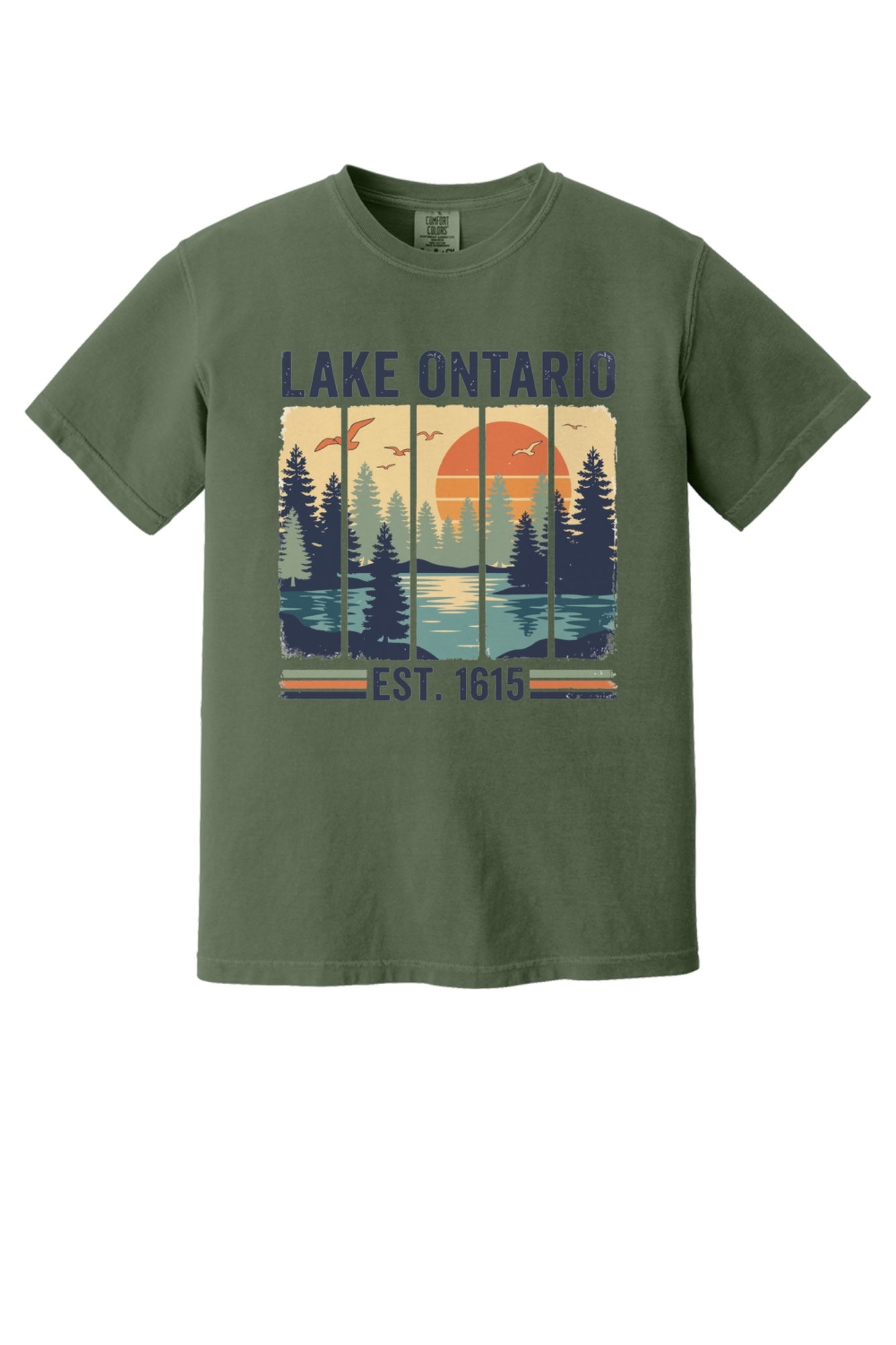 Lake Ontario Est. 1615 vintage pine forest sunset printed on a Comfort Colors heavyweight tee in Hemp