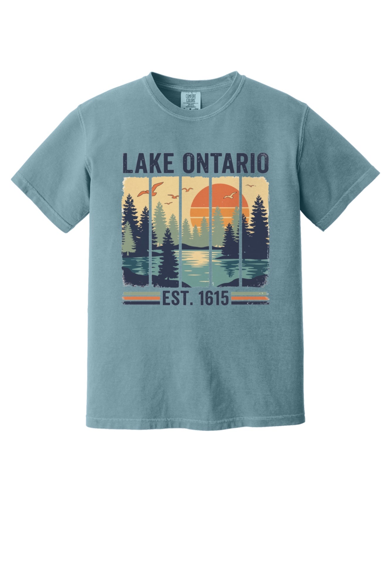 Lake Ontario Est. 1615 vintage pine forest sunset printed on a Comfort Colors heavyweight tee in Ice Blue