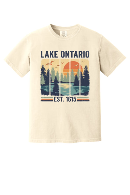 Lake Ontario Est. 1615 vintage pine forest sunset printed on a Comfort Colors heavyweight tee in Ivory