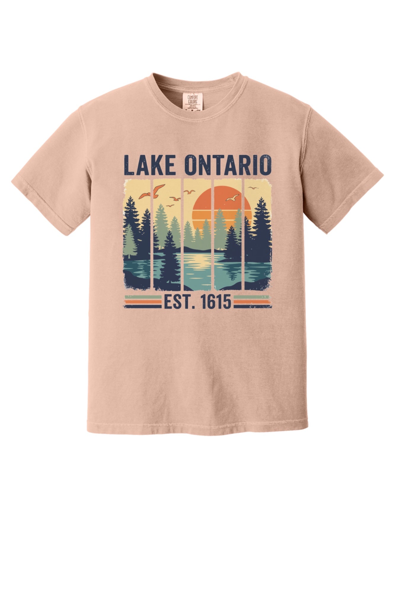 Lake Ontario Est. 1615 vintage pine forest sunset printed on a Comfort Colors heavyweight tee in Peachy