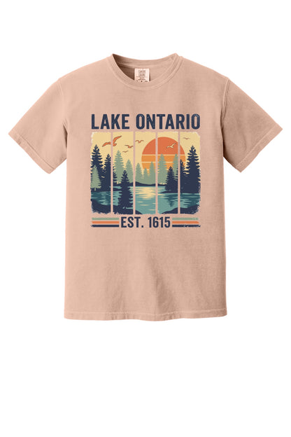 Lake Ontario Est. 1615 vintage pine forest sunset printed on a Comfort Colors heavyweight tee in Peachy
