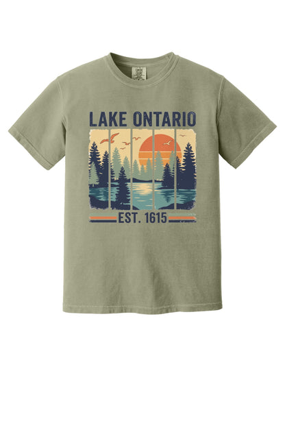 Lake Ontario Est. 1615 vintage pine forest sunset printed on a Comfort Colors heavyweight tee in Sandstone