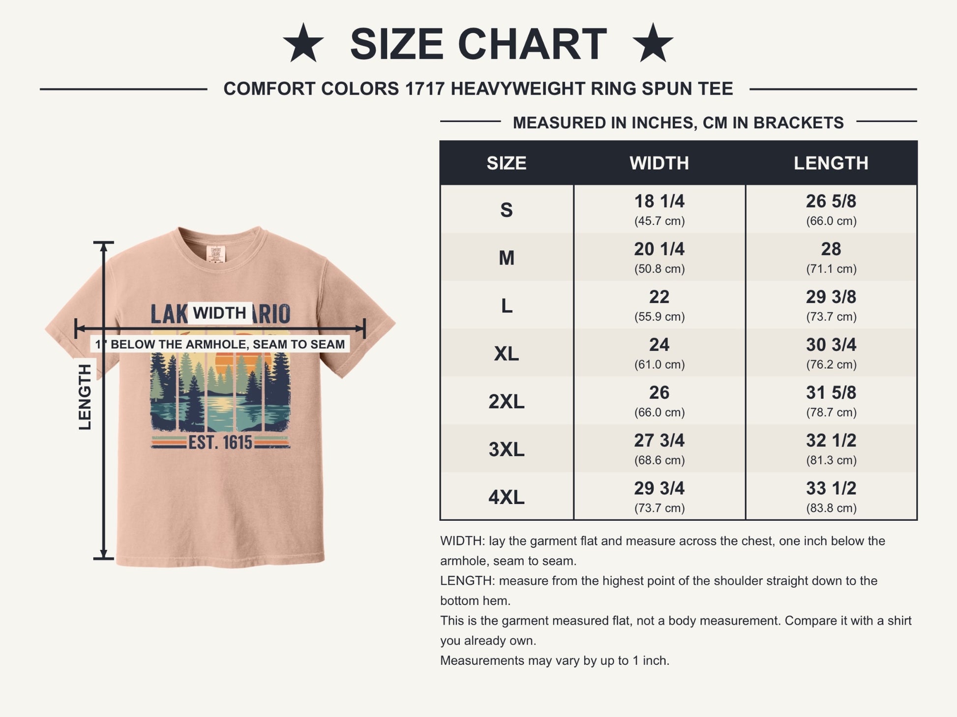 Lake Ontario Est. 1615 vintage pine forest sunset printed on a Comfort Colors heavyweight tee - size chart