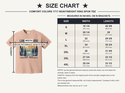 Lake Ontario Est. 1615 vintage pine forest sunset printed on a Comfort Colors heavyweight tee - size chart