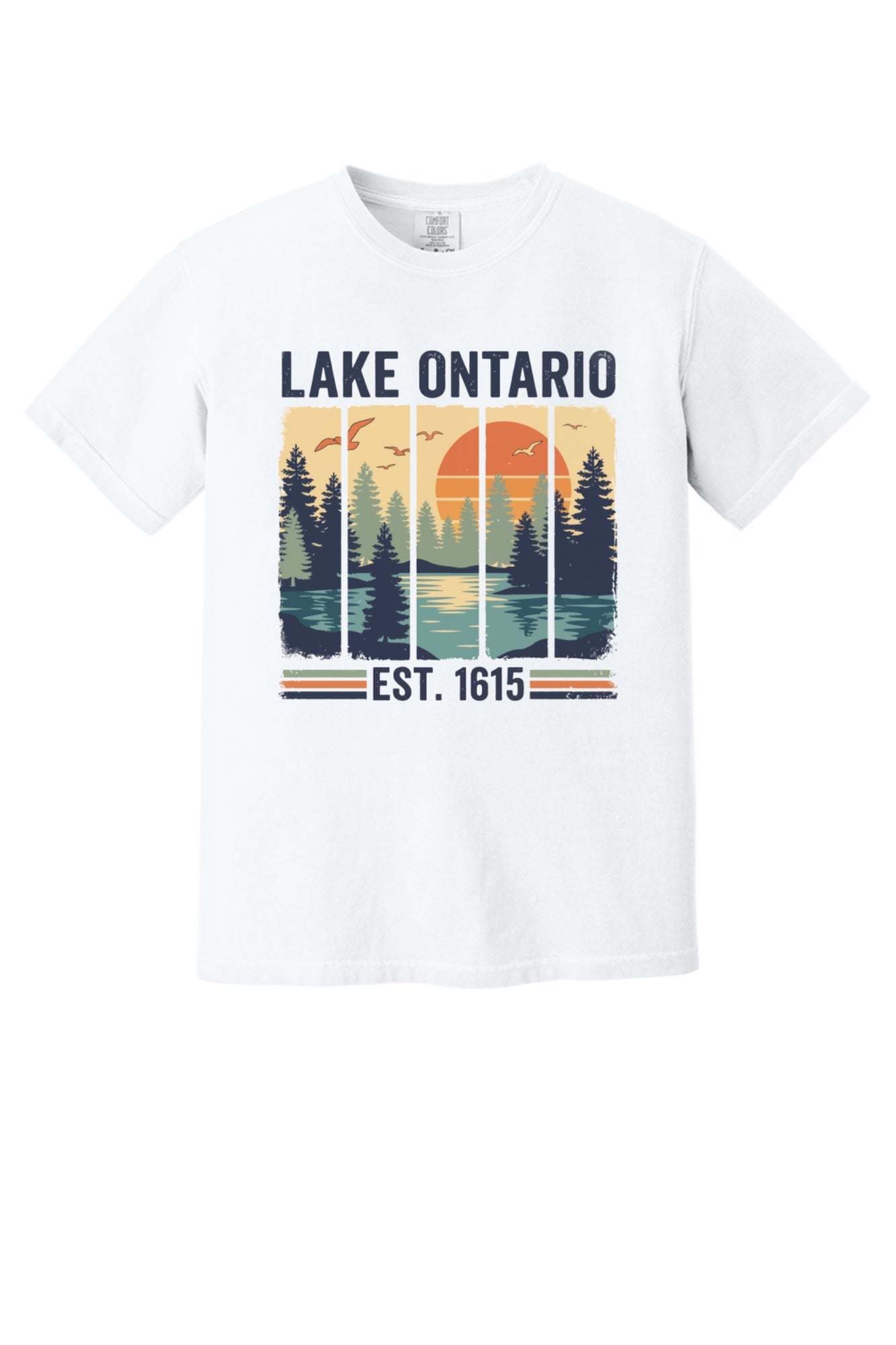 Lake Ontario Est. 1615 vintage pine forest sunset printed on a Comfort Colors heavyweight tee in White