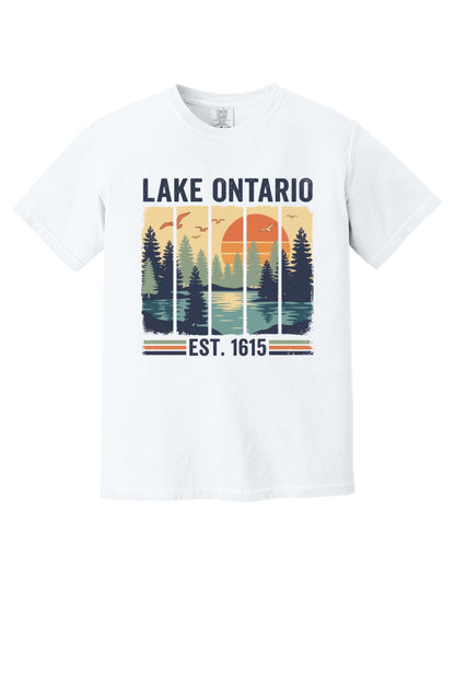 Lake Ontario Est. 1615 vintage pine forest sunset printed on a Comfort Colors heavyweight tee in White