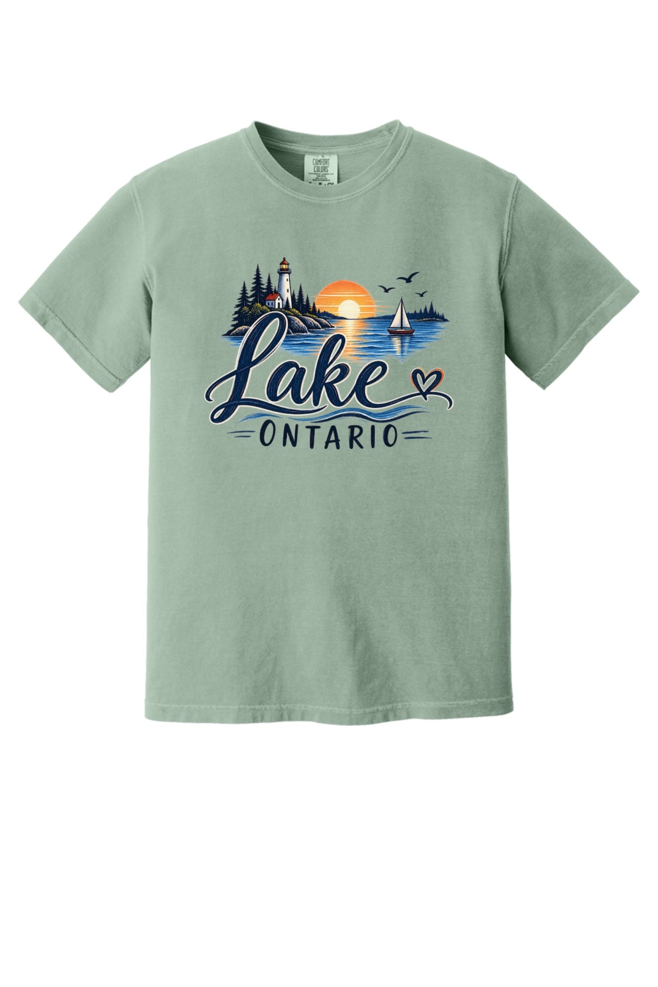 Lake Ontario lighthouse sunset sailboat graphic tee, Lake America protest shirt, DTF printed on Comfort Colors 1717 in Bay